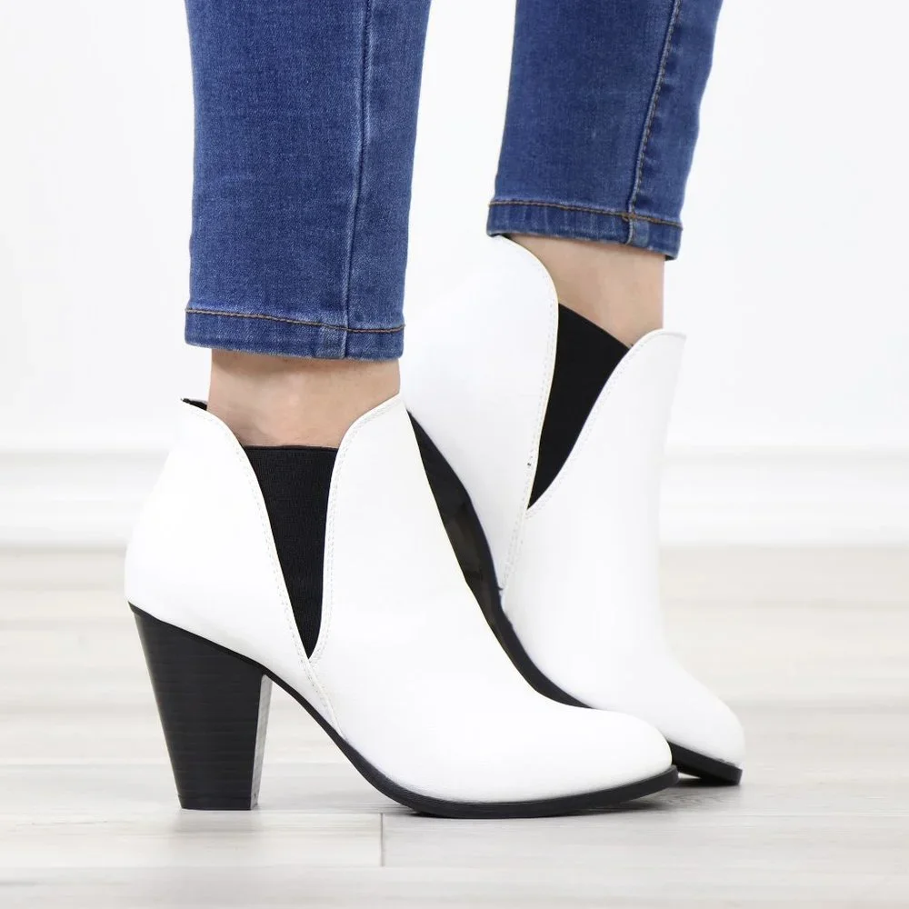Chelsea Cone High Heel Ankle Boots White Synthetic Leather Pointed Toe - Picture 3 of 12